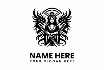 Fierce Female Warrior with Dragon Emblems and Katana Swords.