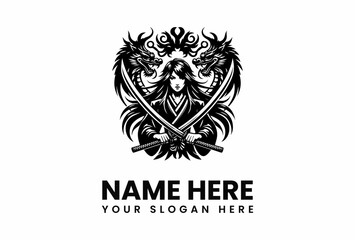 Fierce Female Warrior with Dragons and Crossed Swords Bold Design.