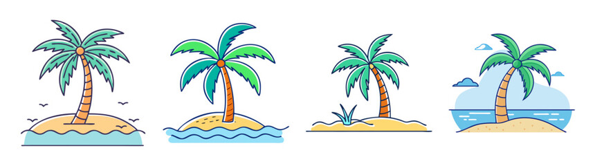Cute cartoon tropical islands with palm trees, sand, water, and birds