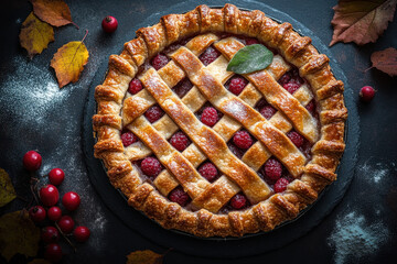 Rustic pie with raspberries and leaves on black surface.