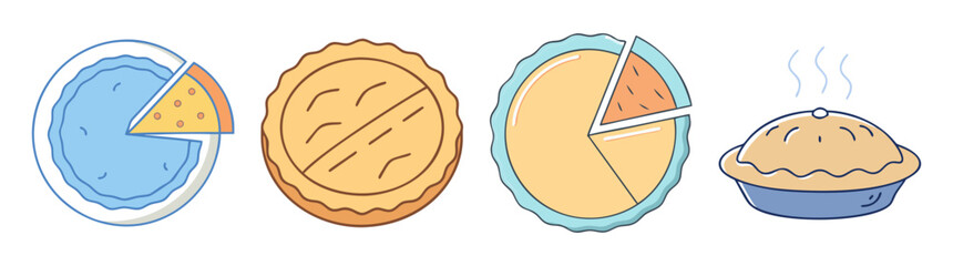 Four colorful cartoon pies with some slices removed to see the insides