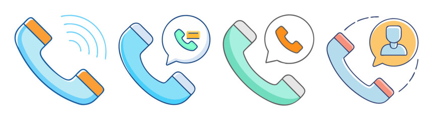 Four stylized phone handsets illustrating calling, missed call, received call and caller id