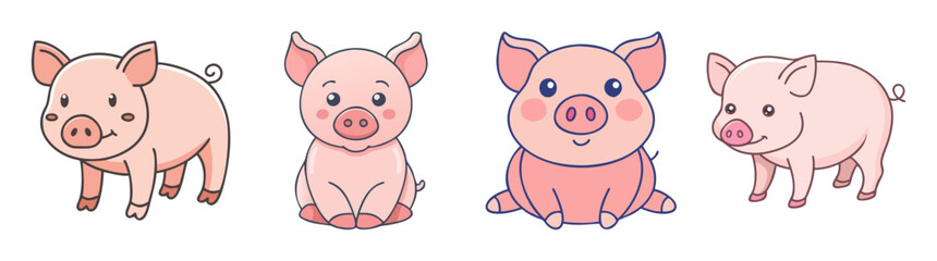 Four adorable pink cartoon pigs in various poses on a white background