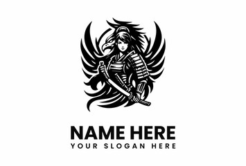Fierce Samurai Warrior with Eagle Wings and Katana Sword Logo Design.
