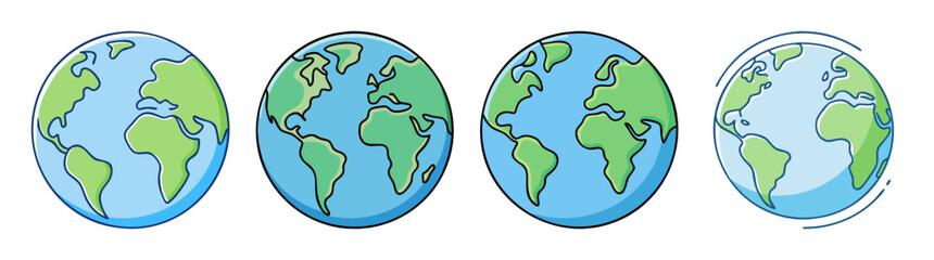 Four different cartoon illustrations of the Earth with continents and oceans