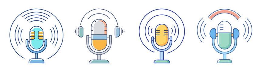 Four unique and colorful microphone illustrations depicting sound waves and broadcasting concepts