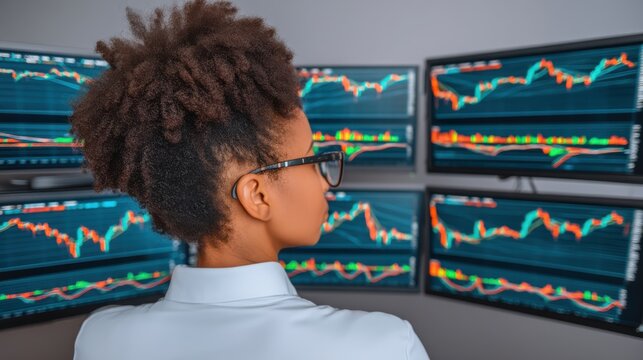 Stock market analysis trading floor digital display office rear view investment strategies for success