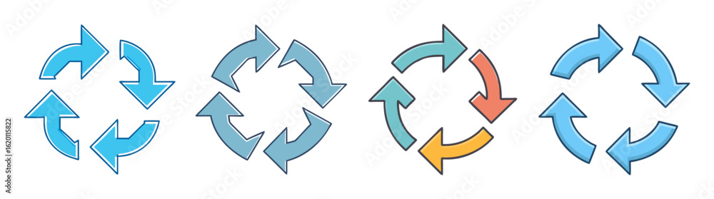Poster collection of four circular arrow diagrams with different colors and designs