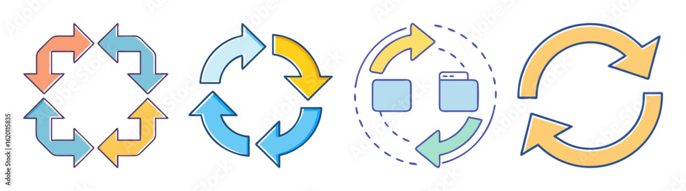 Poster colorful circular arrow diagrams illustrating flow, process, and iterative loops in business