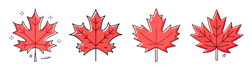 Vector illustration of four maple leaves in different cartoon styles