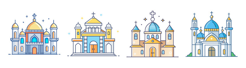 Four unique cartoon churches each adorned with a cross and dome top