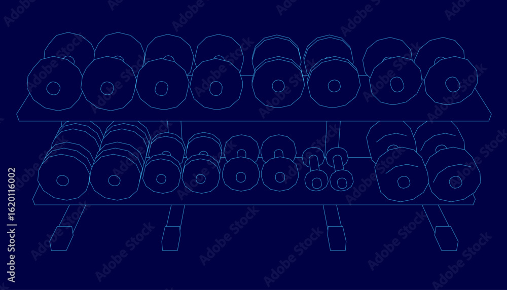 Poster a row of dumbbells in various sizes and colors is depicted as clean line art on a deep blue backgrou