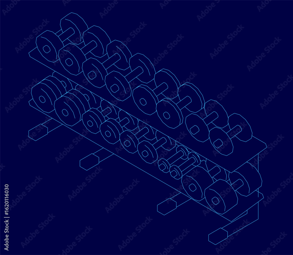 Poster a 3d model of a dumbbell rack with neatly arranged weights stands out against a solid blue backgroun