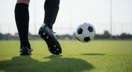 Obraz premium Action Shot of Soccer Player Kicking a Ball on the Field