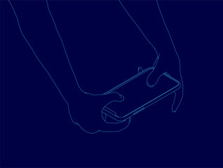 A person holds a smartphone with both hands against a dark blue background, focusing intently on the screen. The hands form a clear contour around the device while playing a mobile game.