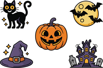 Cute Halloween Elements Vector Set – Cat, Pumpkin, Moon, Haunted House, Witch Hat