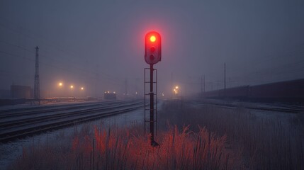 Foggy railway scene with red signal light