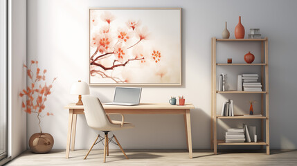Minimal Workspace with Cherry Blossom Wall Art 
