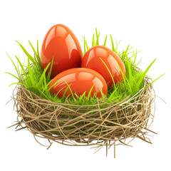 Obraz premium Three glossy, orange eggs nestled in a bird's nest, surrounded by green grass