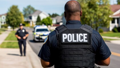 Police officers engaging with community suburban neighborhood photography daytime close-up public safety awareness