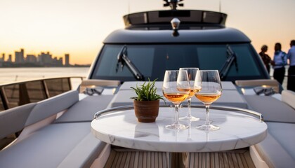 Fototapeta premium Celebratory toast on luxury yacht city skyline beverage photography sunset aesthetic appeal