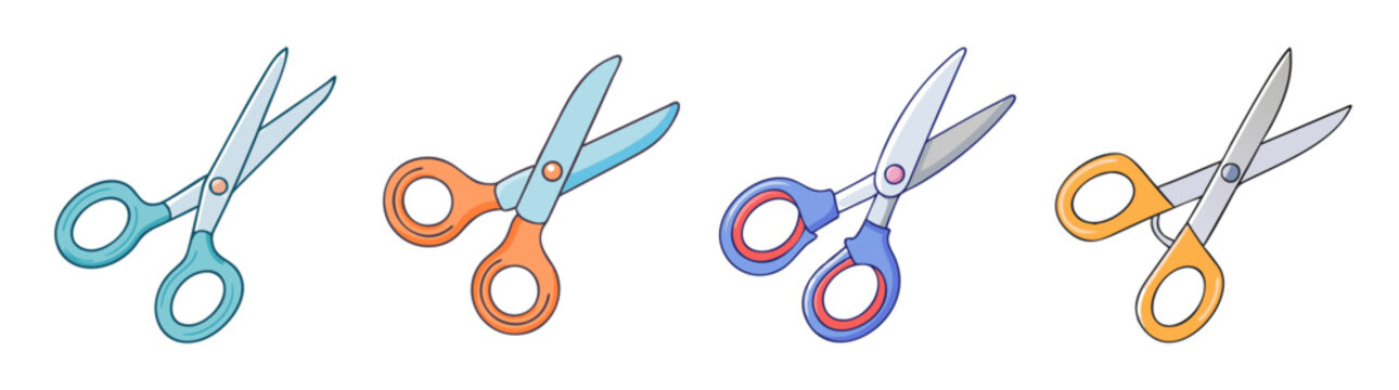 A collection of cartoon scissors in different colors and design styles