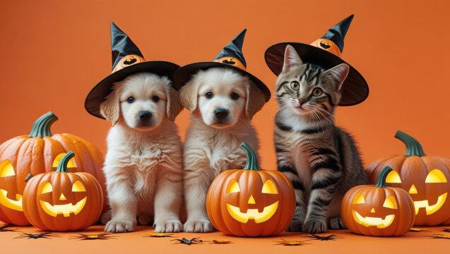 Halloween Puppies and Kitten in Witch Hats with Glowing Pumpkins on Orange Background