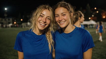 Young female soccer players smiling together on night field