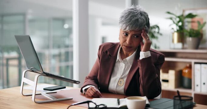Headache, stress or mature businesswoman on laptop for administration deadline or debt report. Tired, frustrated or exhausted database administrator in office with fatigue, project crisis or burnout