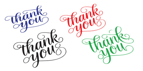 A colorful assortment of thank you typography in blue red black and green on a white background