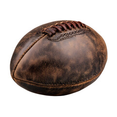 Vintage worn leather american football with detailed stitching and laces isolated on transparent background