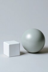 Minimalist white cube and sage green sphere