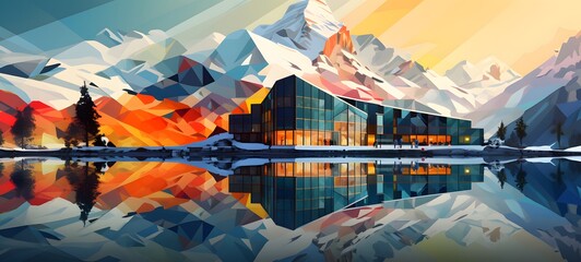 Mountain hotel building, human perspective effect, generative AI