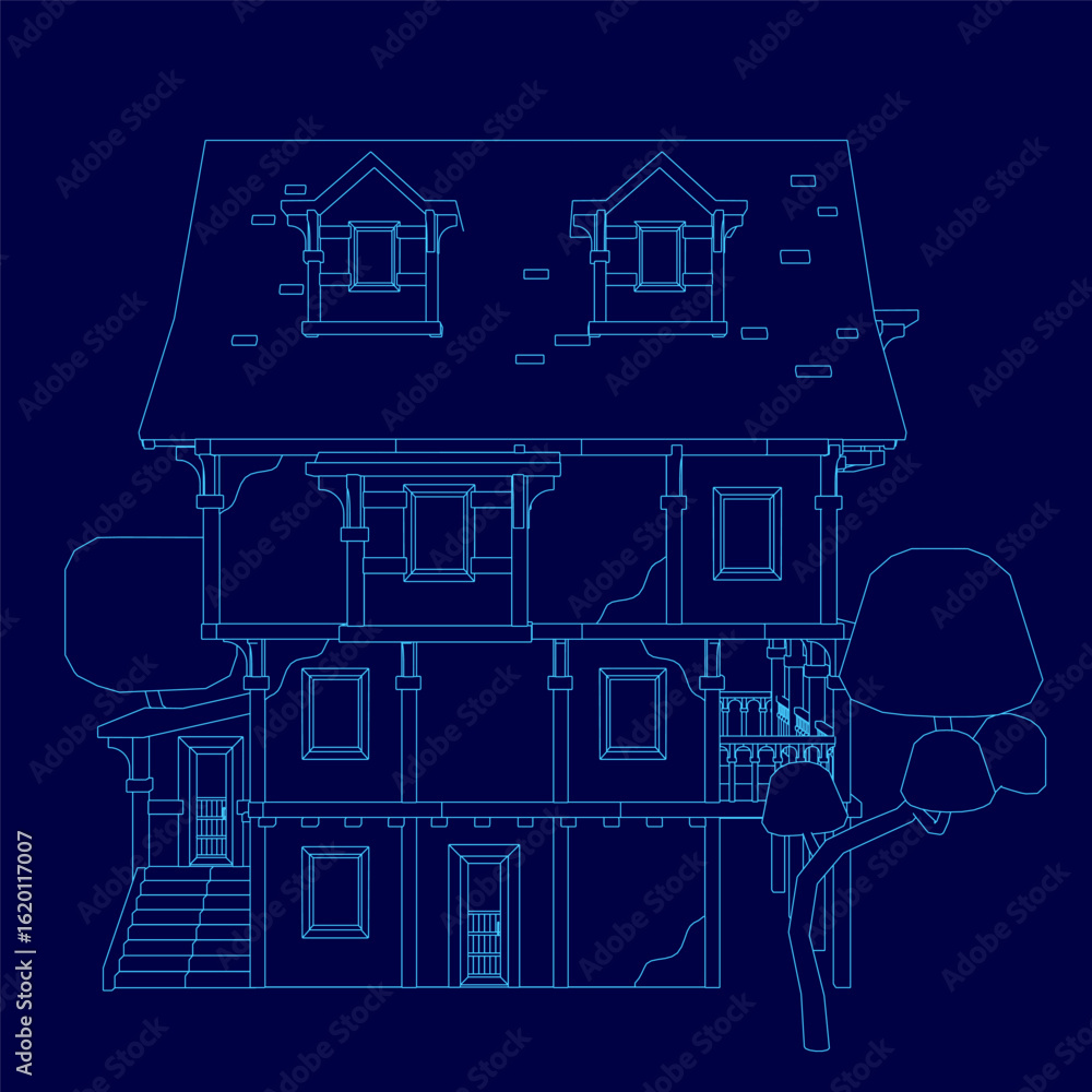 Poster a detailed house blueprint features clean architectural lines and precise measurements. a tree conto