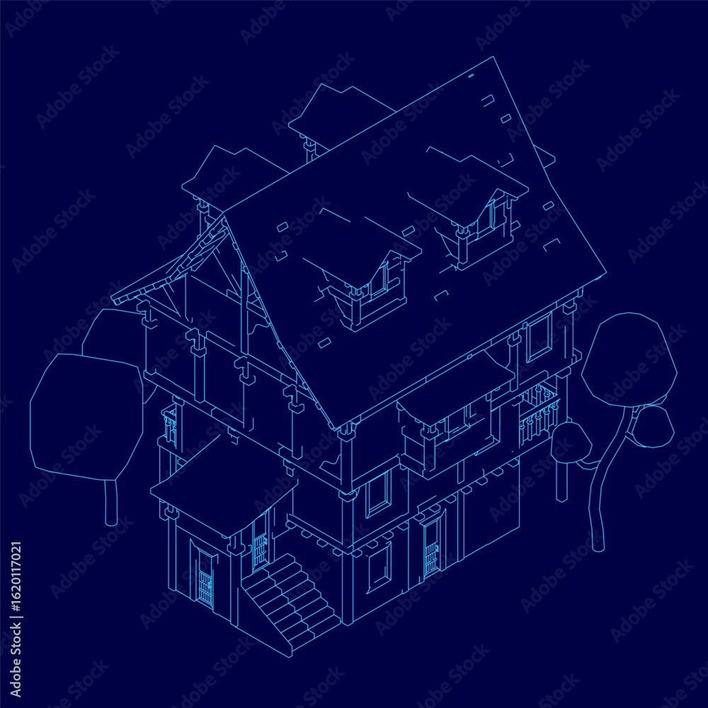 Poster a detailed house blueprint features clean architectural lines and precise measurements. a tree conto
