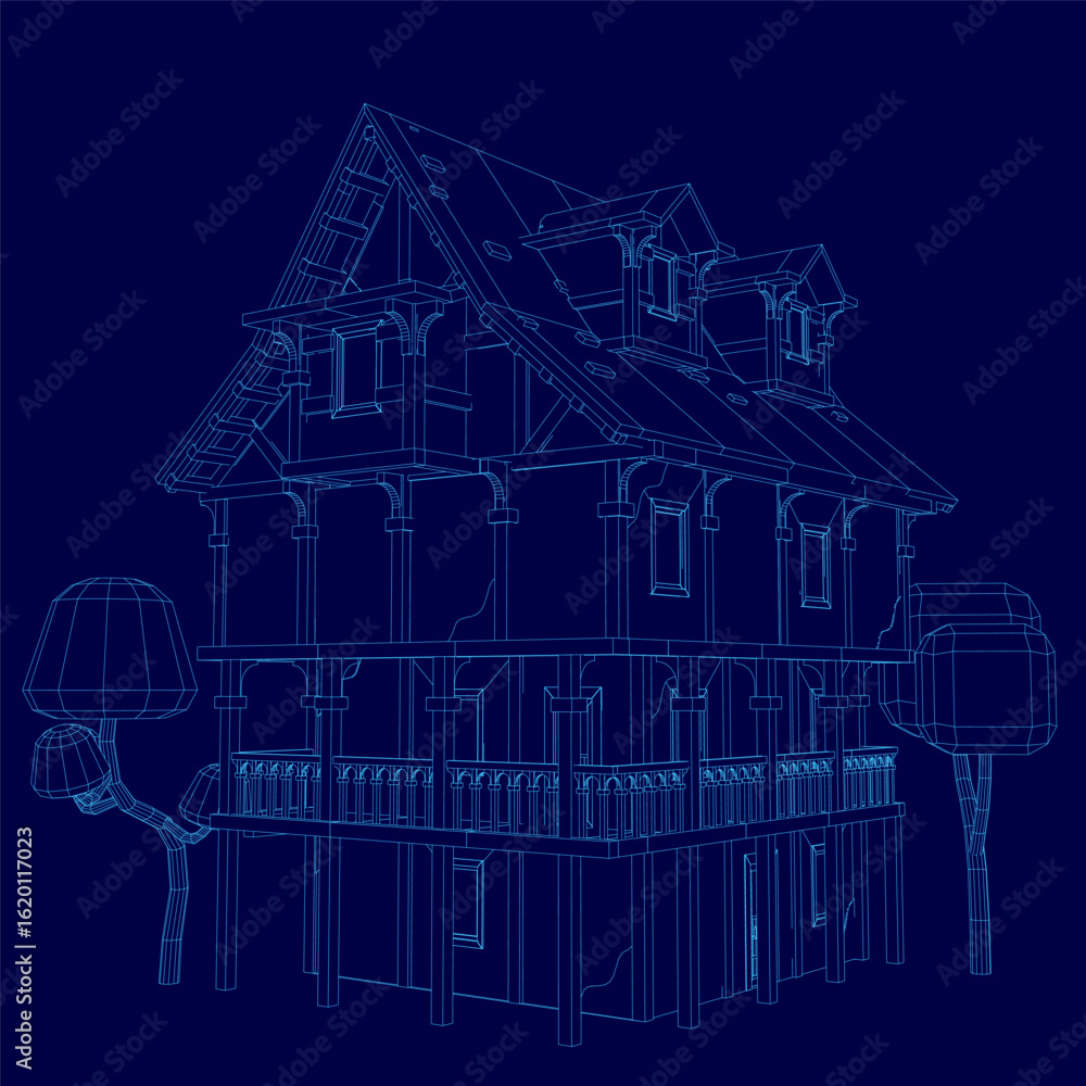 Aufkleber a victorian-style house blueprint on a blue background features detailed 3d rendering with visible w