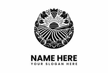 Ornate Black and White Farmland Logo Design.