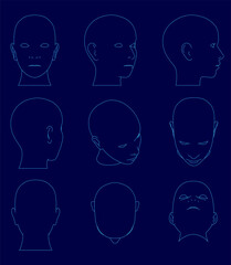 Female head contours with varied expressions are displayed on a blue background, showcasing different face shapes and emotions.