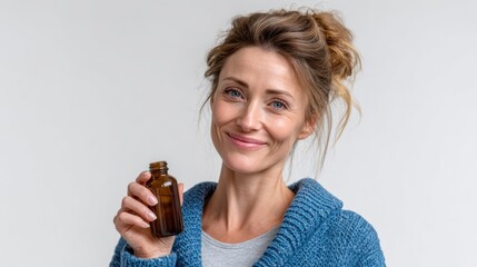woman stands in a well-lit room, joyfully displaying a small brown glass bottle