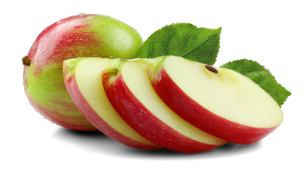 red apple with leaves and slices