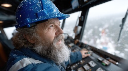 Crew member navigates a ship from the control room amidst heavy snowfall, demonstrating expertise and concentration during adverse weather conditions
