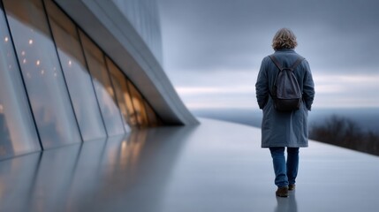 person in a long coat walks alone on a sleek architectural pathway with large glass windows. landscape is overcast, creating a calm, serene atmosphere in the surroundings