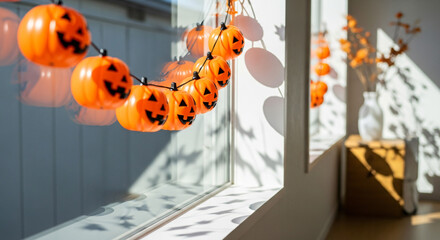 Festive Halloween Decoration with Jack-O-Lanterns Casting Shadows Inside Room