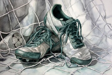 Two soccer cleats are tangled in a net one leaning atop the other A soccer ball is partially visible in the background