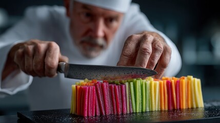 seasoned chef focuses intently while slicing a variety of vibrant vegetables in intricate shapes. atmosphere is modern, emphasizing attention to detail during food preparation