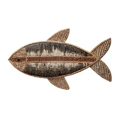 Intricate woven fish sculpture with detailed patterns and a central red stripe isolated on transparent background