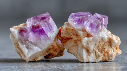 Two clusters of purple crystals are prominently displayed on a textured surface. These striking mineral formations are set against a neutral background, highlighting their vibrant colors