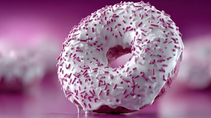 Glazed donut features a shiny white icing topped with vibrant pink sprinkles, placed on a smooth surface, illuminated with bright lighting that enhances its colorful appeal