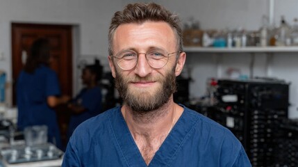male medical professional in blue scrubs smiles confidently while working in a laboratory. Colleagues can be seen collaborating in the background, focusing on various research tasks