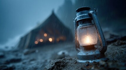vintage lantern glows softly on a wet ground at a campsite, while rain falls around. tent is visible in the background, creating a cozy atmosphere despite the gloomy weather